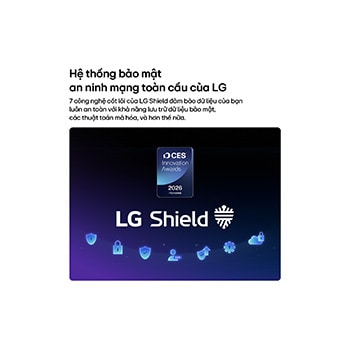 LG Shield, applied to LG QNED evo AI QNED85, is shown with an LG Shield logo at the center, security icons below, and a 2026 CES Innovation Awards Honoree badge above, representing data and system protection.